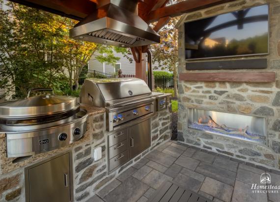 Interior of 12' x 14' Timber Frame Pavilion with Outdoor Kitchen & Gas Fireplace in Lansdale PA