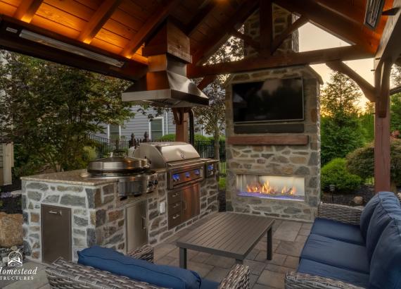 Interior of 12' x 14' Timber Frame Pavilion with Outdoor Kitchen & Gas Fireplace in Lansdale PA