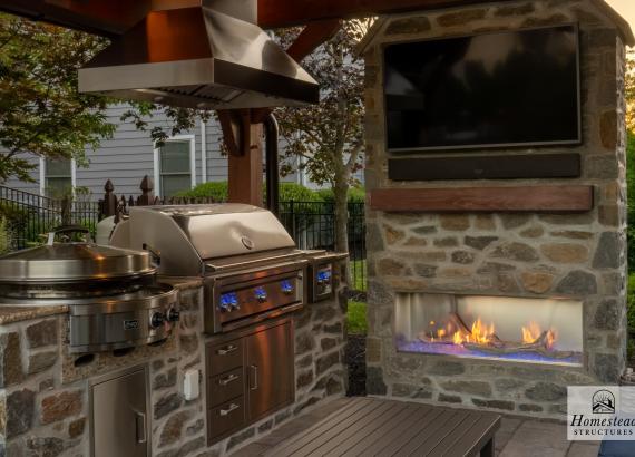 Interior of 12' x 14' Timber Frame Pavilion with Outdoor Kitchen & Gas Fireplace in Lansdale PA