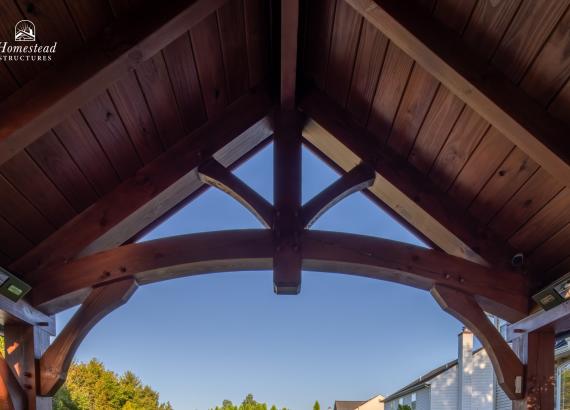 Ceiling and gable of 12' x 14' Timber Frame Pavilion with Outdoor Kitchen & Gas Fireplace in Lansdale PA