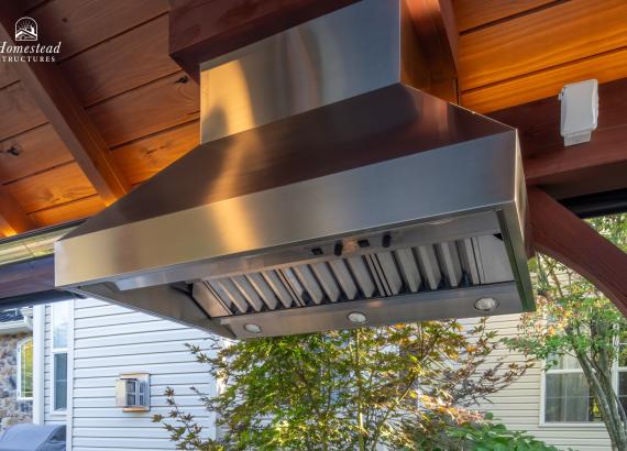 Exhaust Hood of Grill in Outdoor Kitchen in 12' x 14' Timber Frame Pavilion with Outdoor Kitchen & Gas Fireplace in Lansdale PA