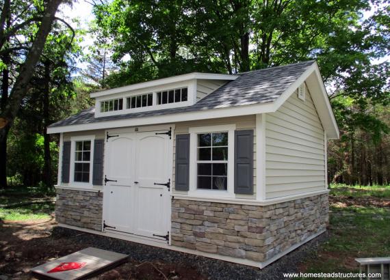 12' x 16' Classic A-Frame Shed with transom and stone veneer