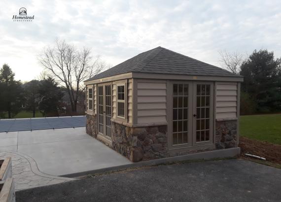 12' x 16' Laurel Hip Pool Shed with stone veneer