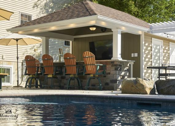 Close Up of 12' x 18' Siesta Poolside Bar with 12' x 12' Vinyl Pergola in Quakertown PA