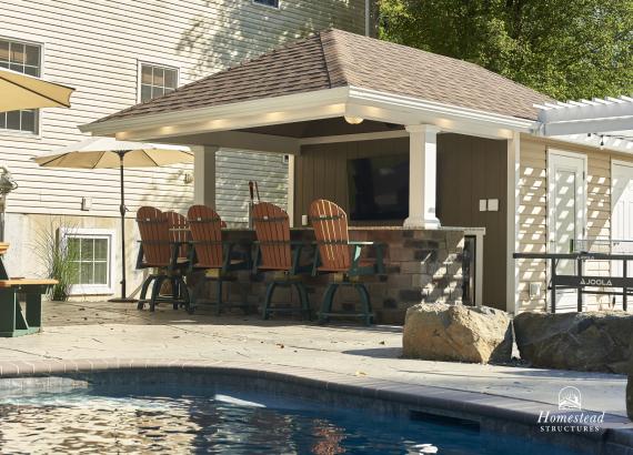 Close Up of 12' x 18' Siesta Poolside Bar with 12' x 12' Vinyl Pergola in Quakertown PA