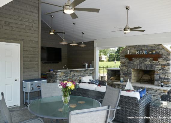 Avalon interior with stone fireplace