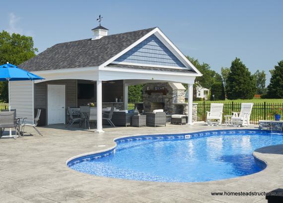 20' x 24' Custom Avalon Pool House with cupola & stone fireplace