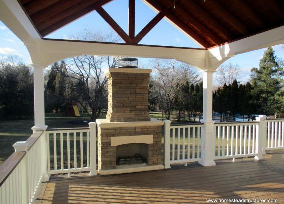 Fireplace and gable of custom A-Frame Patio Pavilion