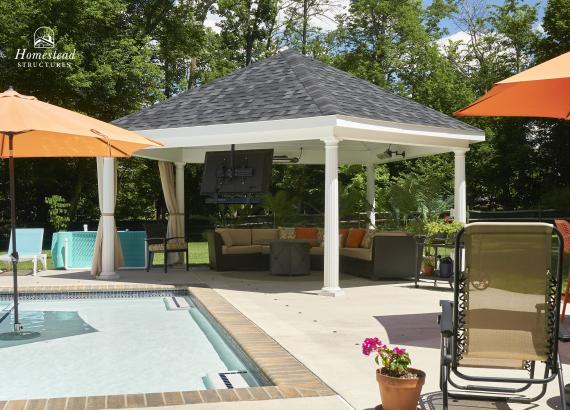 Poolside view of 14x14 Custom Pentagonal Pavilion in Phoenixville PA