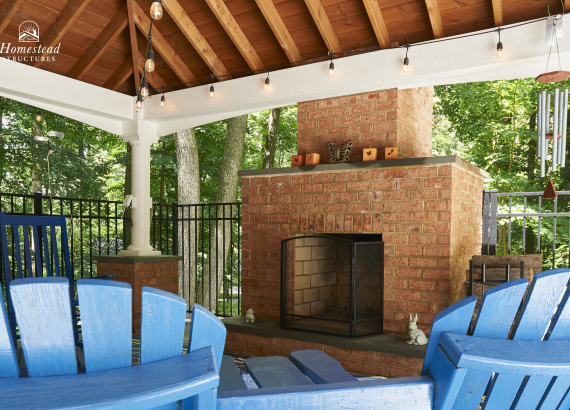 Brick fireplace under a 14' x 16' Vintage Pavilion in Lancaster PA