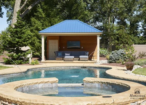 14' x 18' Avalon Pool House with blue metal roof in Center Valley, PA