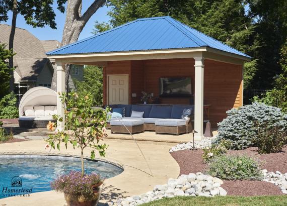 14' x 18' Avalon Pool House with blue metal roof in Center Valley, PA