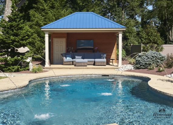 14' x 18' Avalon Pool House with blue metal roof in Center Valley, PA