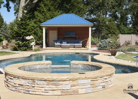 14' x 18' Avalon Pool House with blue metal roof in Center Valley, PA