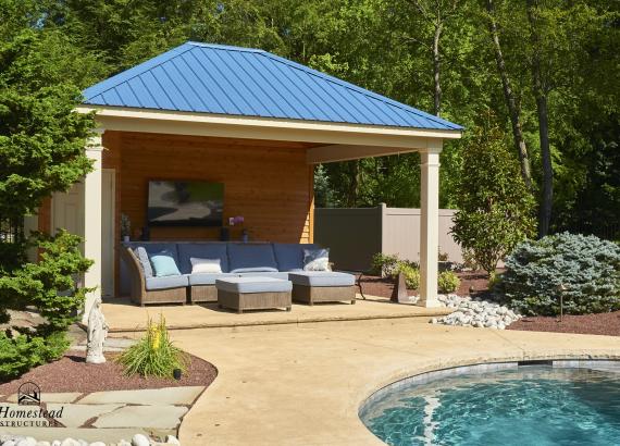 14' x 18' Avalon Pool House with blue metal roof in Center Valley, PA