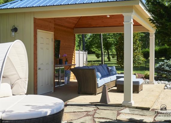 14' x 18' Avalon Pool House with blue metal roof in Center Valley, PA