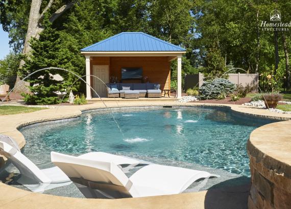 14' x 18' Avalon Pool House with blue metal roof in Center Valley, PA