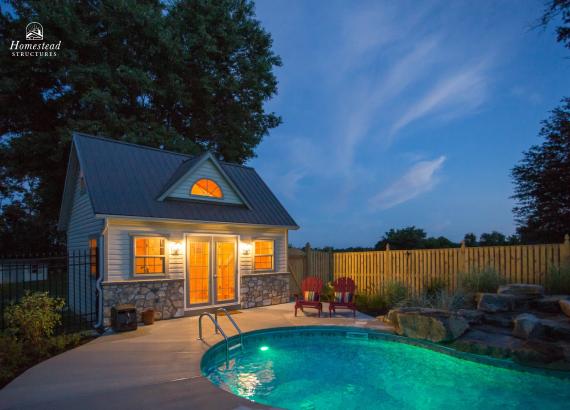 Night shot of 14' x 18' Heritage Liberty Pool House in Middletown MD