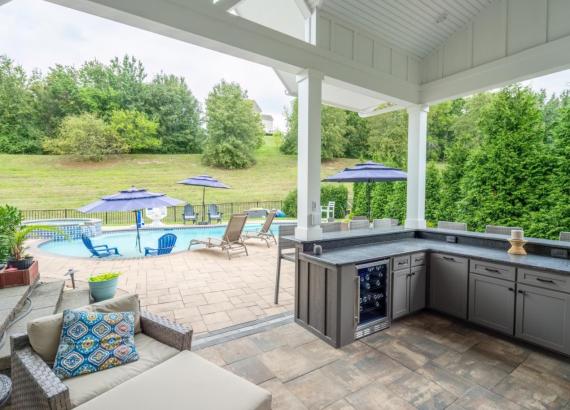 Outdoor Kitchen with Everlast HDPE Cabinets with Everlast HDPE Cabinets in 14' x 20' Attached Vintage Pavilion with Reverse Gable in Phoenixville, PA