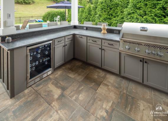 Outdoor Kitchen with Everlast HDPE Cabinets in 14' x 20' Attached Vintage Pavilion with Reverse Gable in Phoenixville, PA