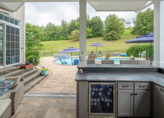 Outdoor Kitchen with Everlast HDPE Cabinets with Everlast HDPE Cabinets in 14' x 20' Attached Vintage Pavilion with Reverse Gable in Phoenixville, PA