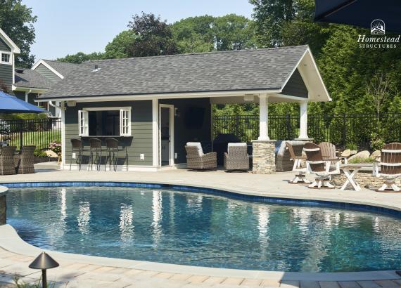 View from across the pool of 14' x 24' A-Frame Avalon Pool House in West Nyack, NY