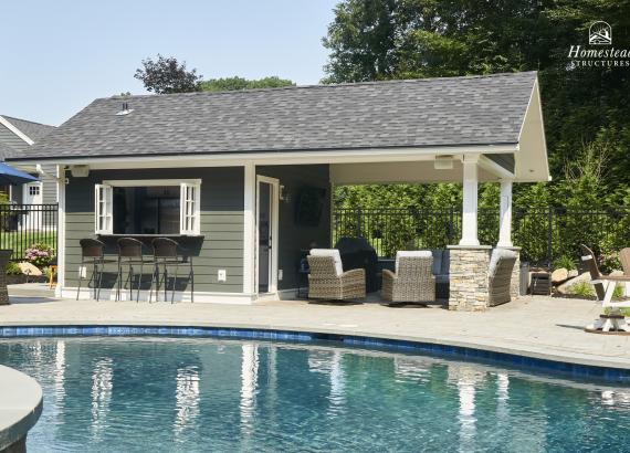 View from across the pool of 14' x 24' A-Frame Avalon Pool House in West Nyack, NY