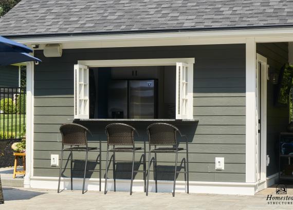Close up of Snack Bar Window with bifold windows of 14' x 24' A-Frame Avalon Pool House in West Nyack, NY