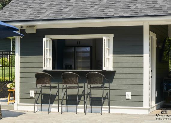 Close up of Snack Bar Window with bifold windows of 14' x 24' A-Frame Avalon Pool House in West Nyack, NY