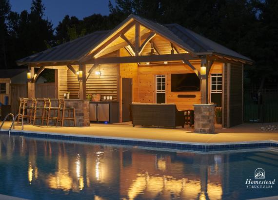 Night Shot of 14' x 27' Custom Timber Frame Avalon Pool House in PA