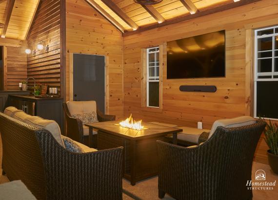 Cozy Fire burning in a 14' x 27' Custom Timber Frame Avalon Pool House in PA