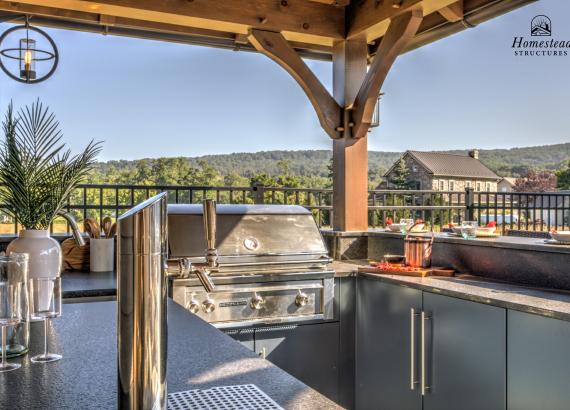 Grill & Outdoor Kitchen of 14' x 28' Custom Timber Frame Avalon Pool House with metal roof in New Holland PA