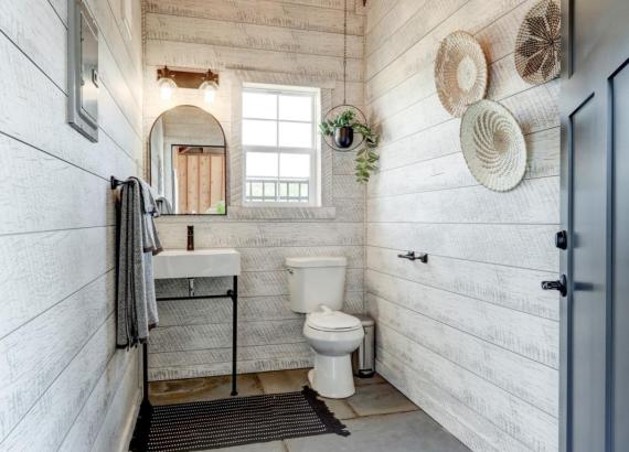 Bathroom of 14' x 28' Custom Timber Frame Avalon Pool House with metal roof in New Holland PA