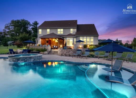 Twilight photo of 15' x 20' Attached Belmar Timber Frame Pavilion in Lansdale, PA