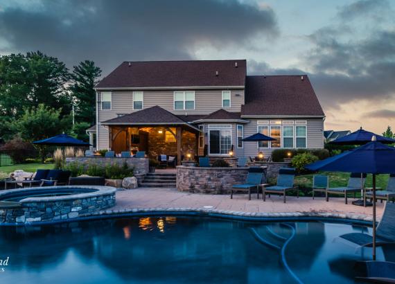 Twilight photo of 15' x 20' Attached Belmar Timber Frame Pavilion in Lansdale, PA