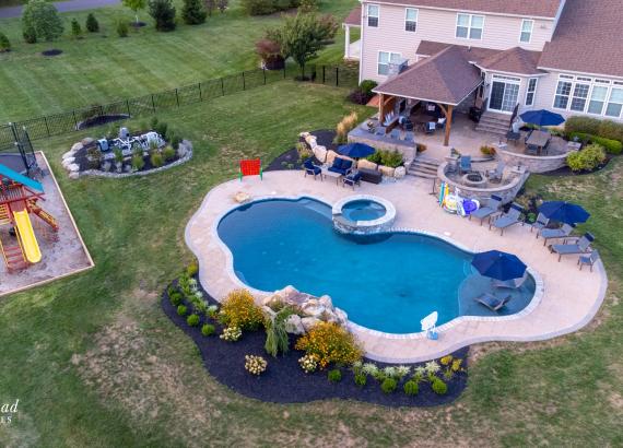 Birds eye view of backyard with of 15' x 20' Attached Belmar Timber Frame Pavilion in Lansdale, PA