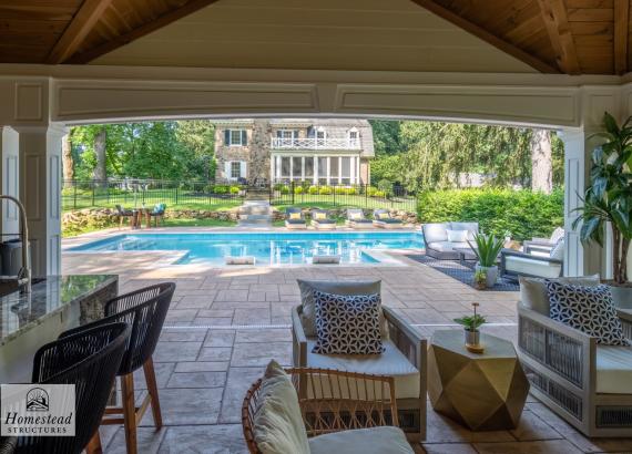 Under the Pavilion of a 16' x 28' Custom Avalon Pool House with Reverse Gable in Huntingdon Valley, PA