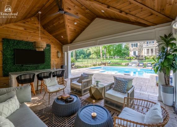 Under the Pavilion of a 16' x 28' Custom Avalon Pool House with Reverse Gable in Huntingdon Valley, PA