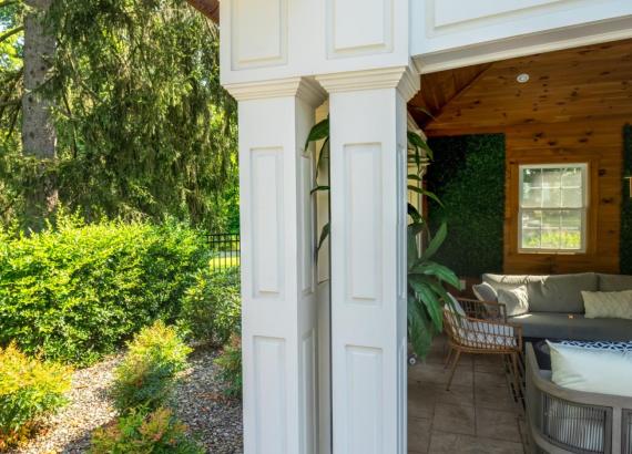 Custom Columns on a 16' x 28' Custom Avalon Pool House with Reverse Gable in Huntingdon Valley, PA