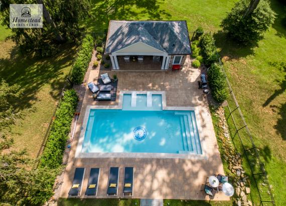 Birds Eye View Shot of 16' x 28' Custom Avalon Pool House with Reverse Gable in Huntingdon Valley, PA