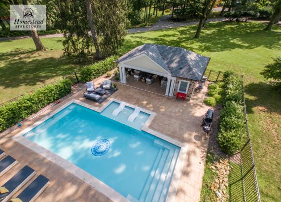 Birds Eye View Shot of 16' x 28' Custom Avalon Pool House with Reverse Gable in Huntingdon Valley, PA