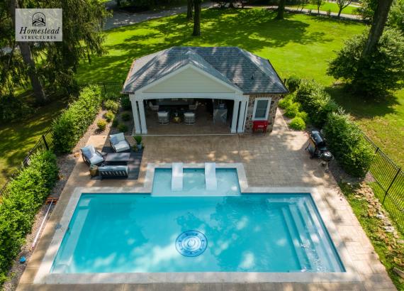 Birds Eye View Shot of 16' x 28' Custom Avalon Pool House with Reverse Gable in Huntingdon Valley, PA