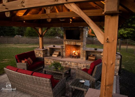 Interior of 16' x 14' Timber Frame Pavilion with fireplace in PA