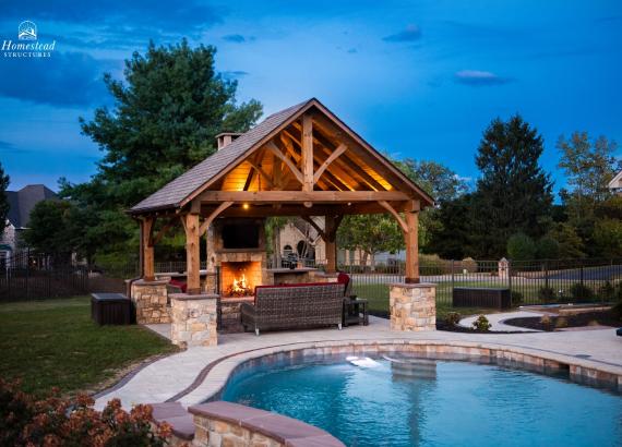 16' x 14' Timber Frame Pavilion in PA with fireplace