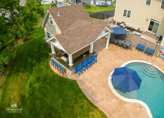 Birds eye view of Spacious 16' x 16' Liberty Pool House with Attached 10' x22' Vintage Pavilion in Trappe PA