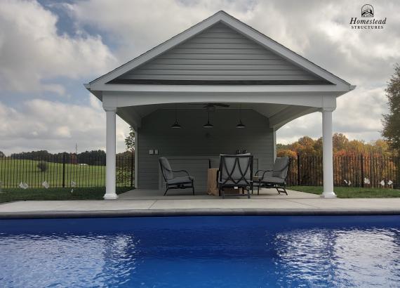 Poolside photo of a 16' x 20' A-Frame Avalon Pool House in Finksburg MD