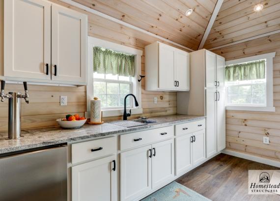 Finished interior with kitchen in 16' x 20' Wellington Pool House in Royersford PA