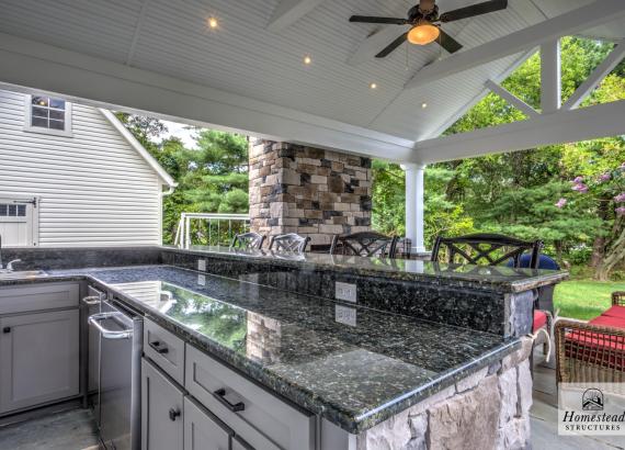 Outdoor Kitchen & Bar in 16' x 22' Attached A-Frame Vintage Pavilion with Fireplace & Outdoor Kitchen in Doylestown PA