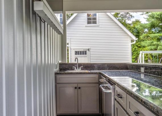 Outdoor Cabinets in 16' x 22' Attached A-Frame Vintage Pavilion with Fireplace & Outdoor Kitchen in Doylestown PA