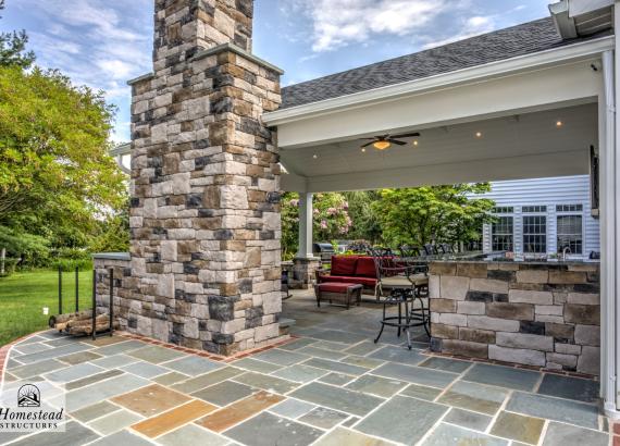 Side shot of 16' x 22' Attached A-Frame Vintage Pavilion with Fireplace & Outdoor Kitchen in Doylestown PA